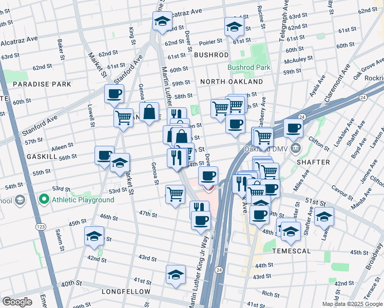 map of restaurants, bars, coffee shops, grocery stores, and more near 727 54th Street in Oakland
