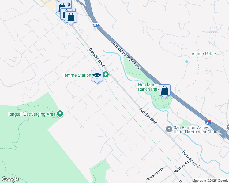 map of restaurants, bars, coffee shops, grocery stores, and more near 15 Woodhaven Court in Alamo