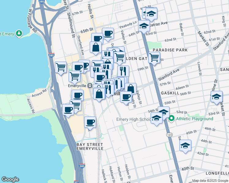 map of restaurants, bars, coffee shops, grocery stores, and more near 1354 Powell Street in Emeryville