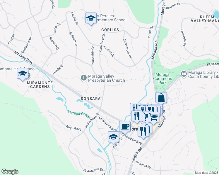 map of restaurants, bars, coffee shops, grocery stores, and more near 162 Willowbrook Lane in Moraga