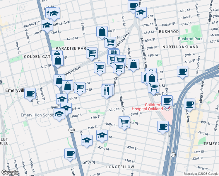 map of restaurants, bars, coffee shops, grocery stores, and more near 933 56th Street in Oakland