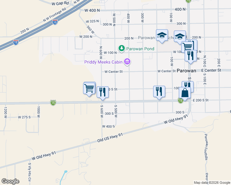 map of restaurants, bars, coffee shops, grocery stores, and more near South 500 West in Parowan