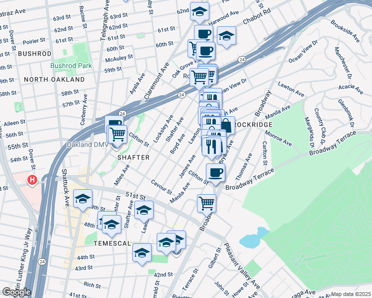 map of restaurants, bars, coffee shops, grocery stores, and more near 5437 Lawton Avenue in Oakland