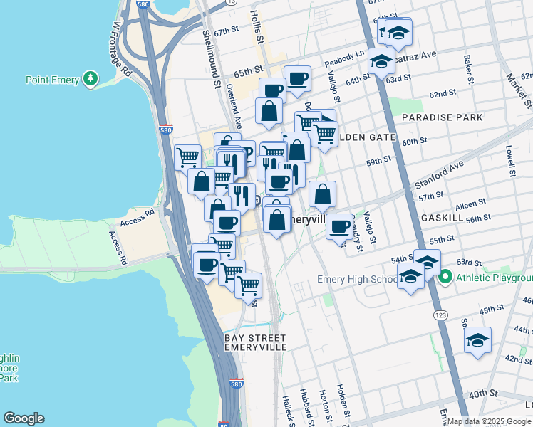 map of restaurants, bars, coffee shops, grocery stores, and more near 5855 Horton Street in Emeryville