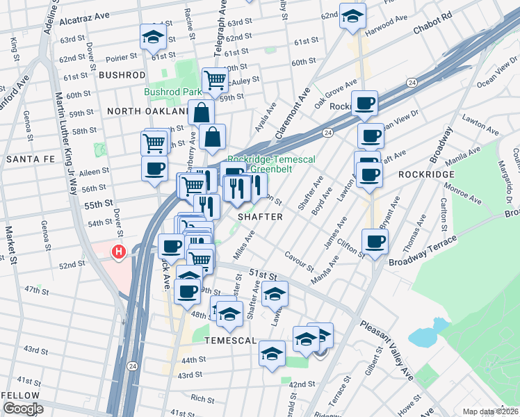 map of restaurants, bars, coffee shops, grocery stores, and more near 5233 Miles Avenue in Oakland