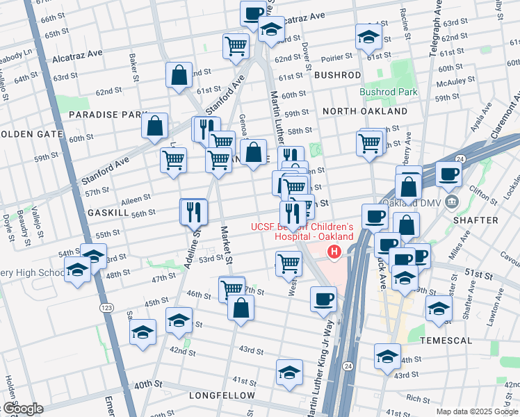 map of restaurants, bars, coffee shops, grocery stores, and more near 832 56th Street in Oakland