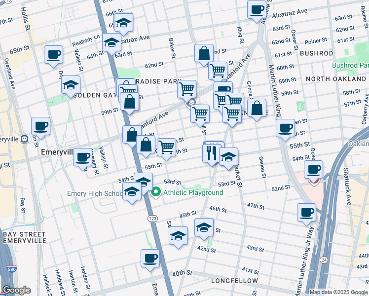 map of restaurants, bars, coffee shops, grocery stores, and more near 1004 Aileen Street in Oakland