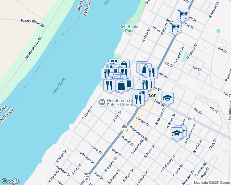 map of restaurants, bars, coffee shops, grocery stores, and more near 133 N Main St in Henderson