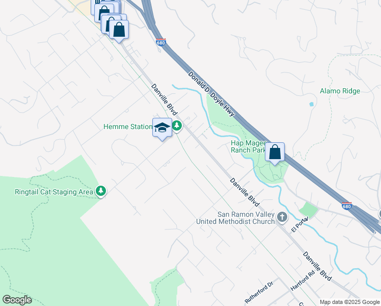 map of restaurants, bars, coffee shops, grocery stores, and more near 15 Woodhaven Court in Alamo