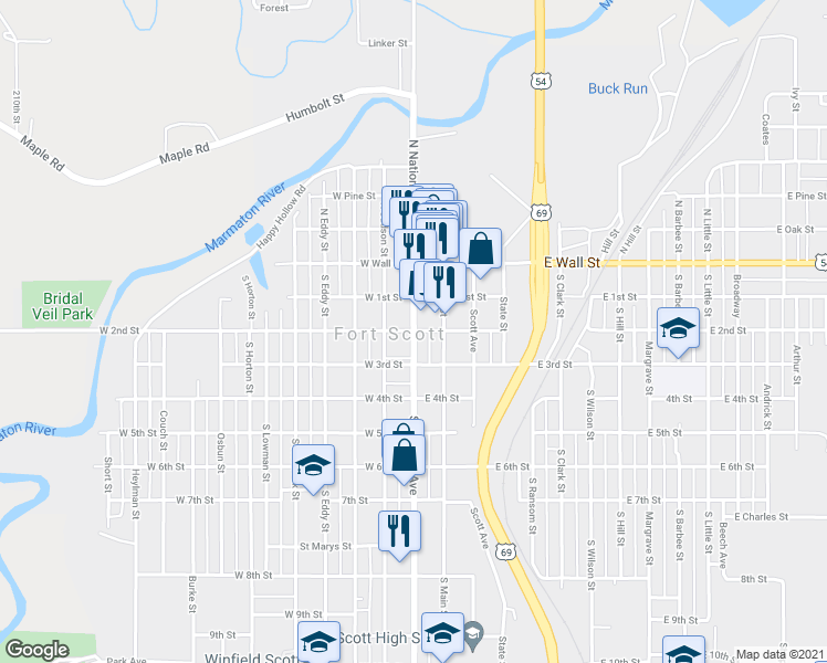 map of restaurants, bars, coffee shops, grocery stores, and more near 201 South National Avenue in Fort Scott