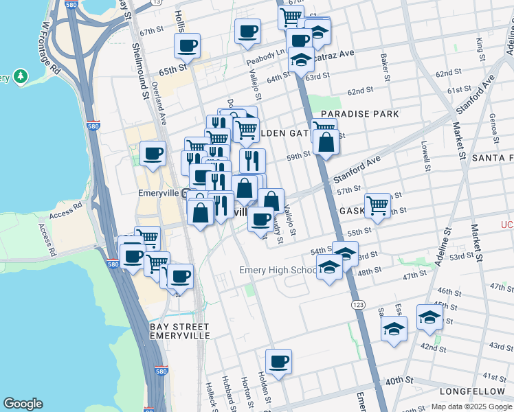 map of restaurants, bars, coffee shops, grocery stores, and more near Powell Street & Doyle Street in Emeryville