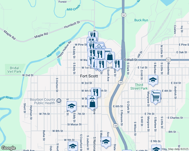 map of restaurants, bars, coffee shops, grocery stores, and more near 201 South National Avenue in Fort Scott