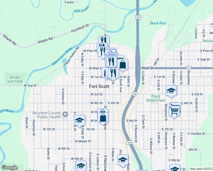 map of restaurants, bars, coffee shops, grocery stores, and more near 15 East 2nd Street in Fort Scott
