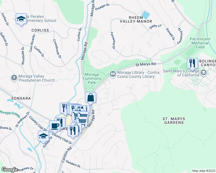 map of restaurants, bars, coffee shops, grocery stores, and more near 1447 Camino Peral in Moraga