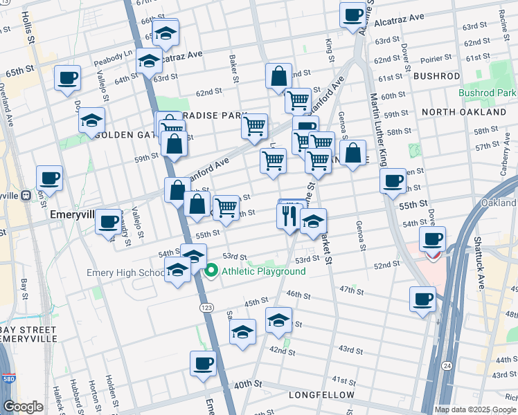 map of restaurants, bars, coffee shops, grocery stores, and more near 988 56th Street in Oakland