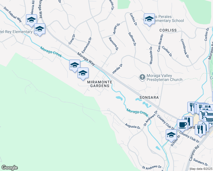 map of restaurants, bars, coffee shops, grocery stores, and more near 128 Miramonte Drive in Moraga