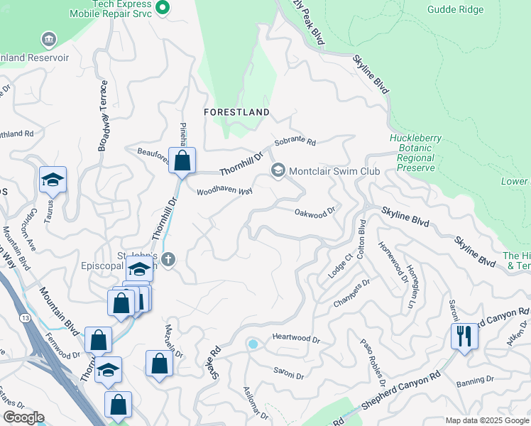 map of restaurants, bars, coffee shops, grocery stores, and more near 6819 Thornhill Drive in Oakland