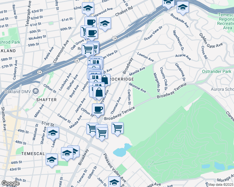 map of restaurants, bars, coffee shops, grocery stores, and more near 5512 Broadway in Oakland