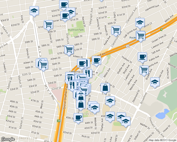 map of restaurants, bars, coffee shops, grocery stores, and more near 5601 Telegraph Avenue in Oakland