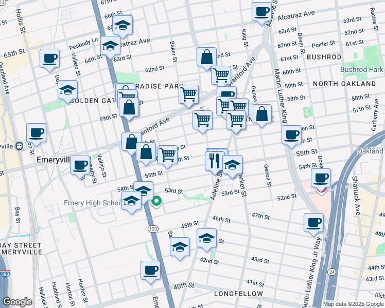 map of restaurants, bars, coffee shops, grocery stores, and more near 1004 Aileen Street in Oakland