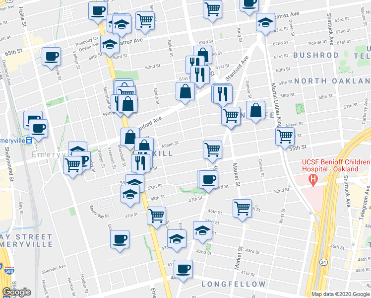 map of restaurants, bars, coffee shops, grocery stores, and more near 1004 Aileen Street in Oakland