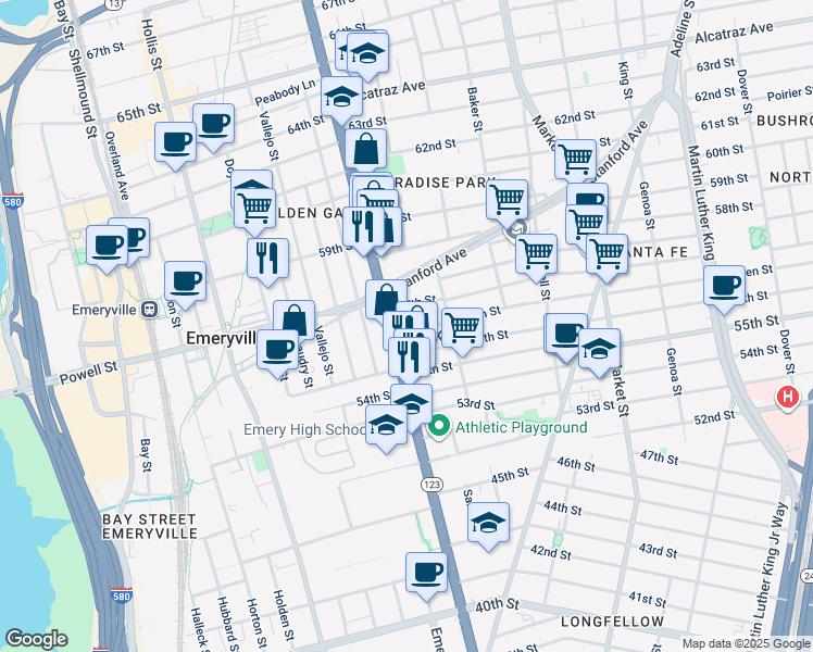 map of restaurants, bars, coffee shops, grocery stores, and more near 1073 57th Street in Oakland