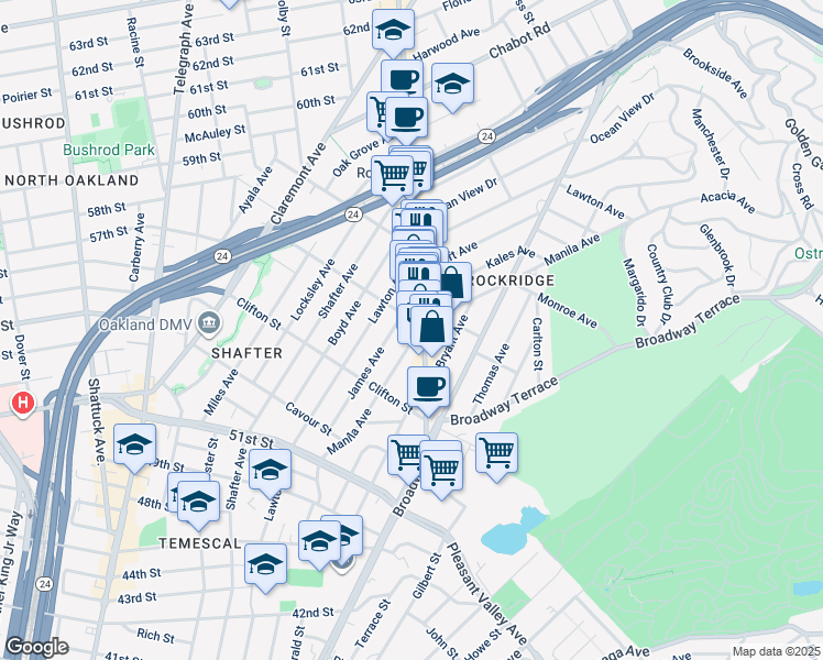 map of restaurants, bars, coffee shops, grocery stores, and more near 5413 College Avenue in Oakland
