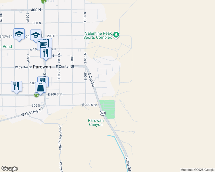 map of restaurants, bars, coffee shops, grocery stores, and more near 495 125 South in Parowan