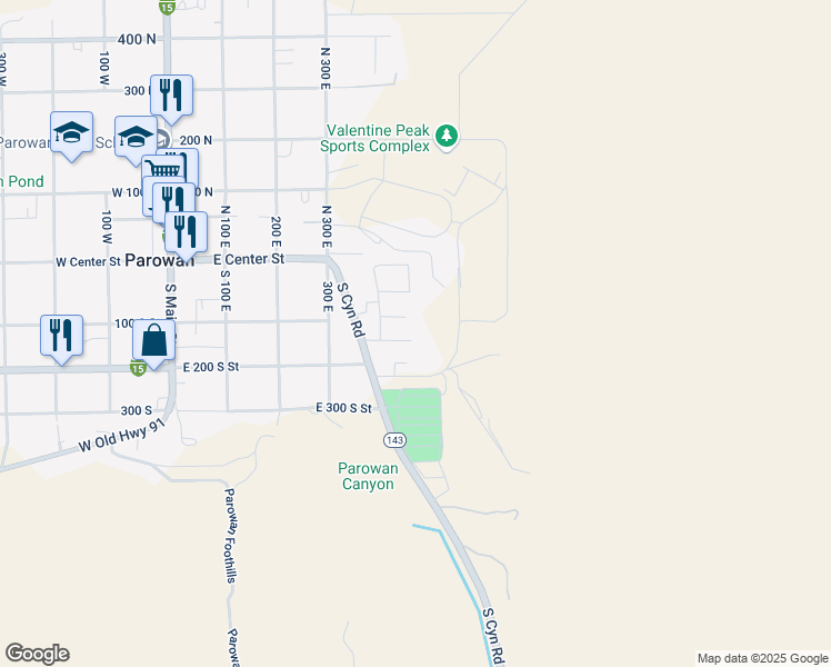 map of restaurants, bars, coffee shops, grocery stores, and more near 495 125 South in Parowan