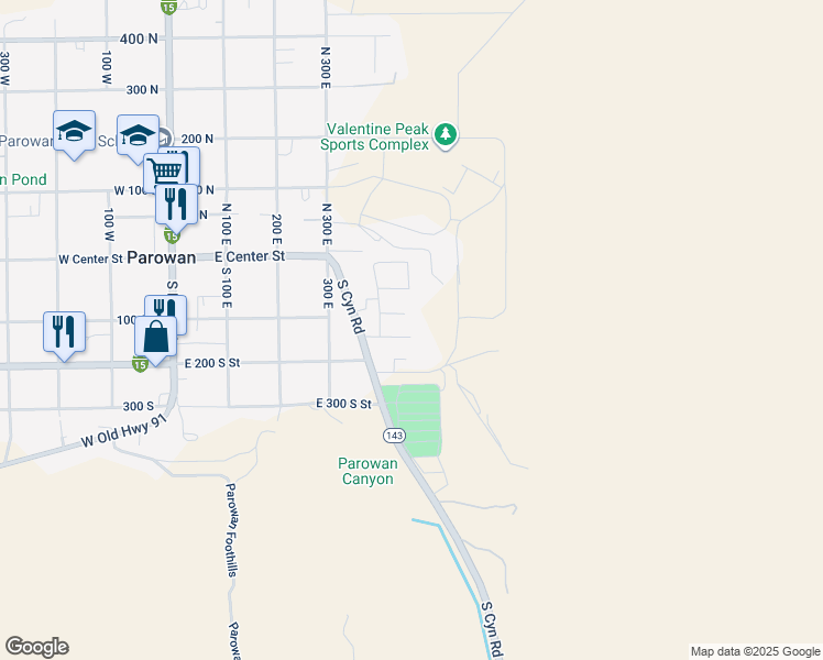 map of restaurants, bars, coffee shops, grocery stores, and more near 495 125 South in Parowan