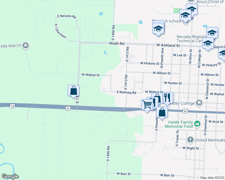 map of restaurants, bars, coffee shops, grocery stores, and more near 180 Walnut Street in Nevada
