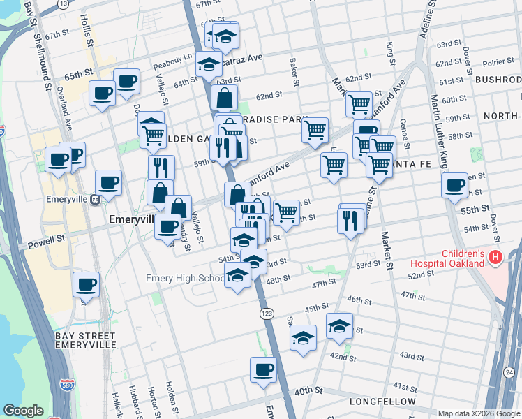 map of restaurants, bars, coffee shops, grocery stores, and more near 2 Aileen Street in Oakland