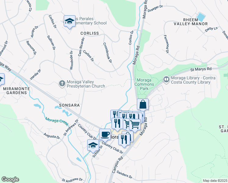 map of restaurants, bars, coffee shops, grocery stores, and more near in Moraga