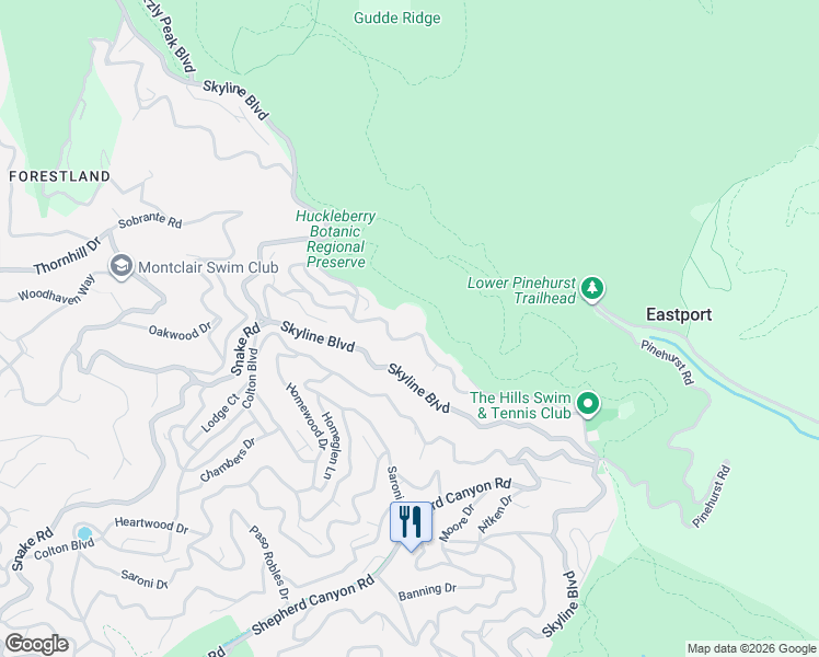 map of restaurants, bars, coffee shops, grocery stores, and more near 2030 Manzanita Drive in Oakland
