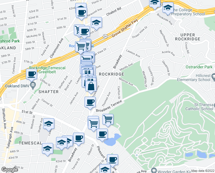 map of restaurants, bars, coffee shops, grocery stores, and more near 5512 Broadway in Oakland