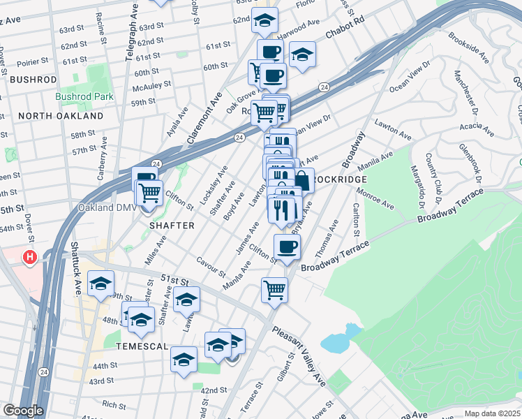 map of restaurants, bars, coffee shops, grocery stores, and more near 5370 Lawton Avenue in Oakland