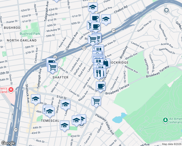 map of restaurants, bars, coffee shops, grocery stores, and more near 5370 Lawton Avenue in Oakland
