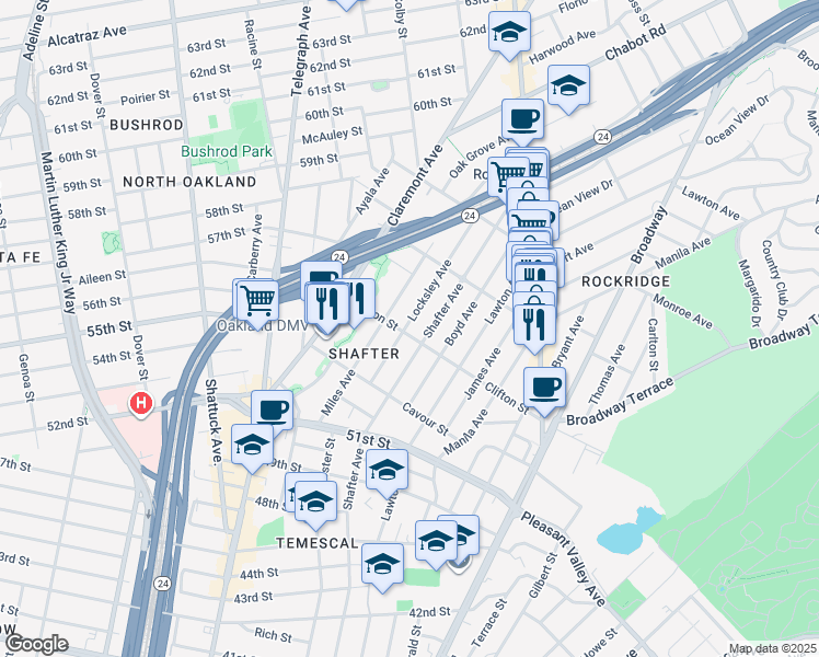 map of restaurants, bars, coffee shops, grocery stores, and more near 5328 Locksley Avenue in Oakland
