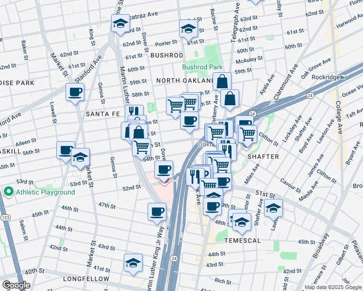 map of restaurants, bars, coffee shops, grocery stores, and more near 600 55th Street in Oakland