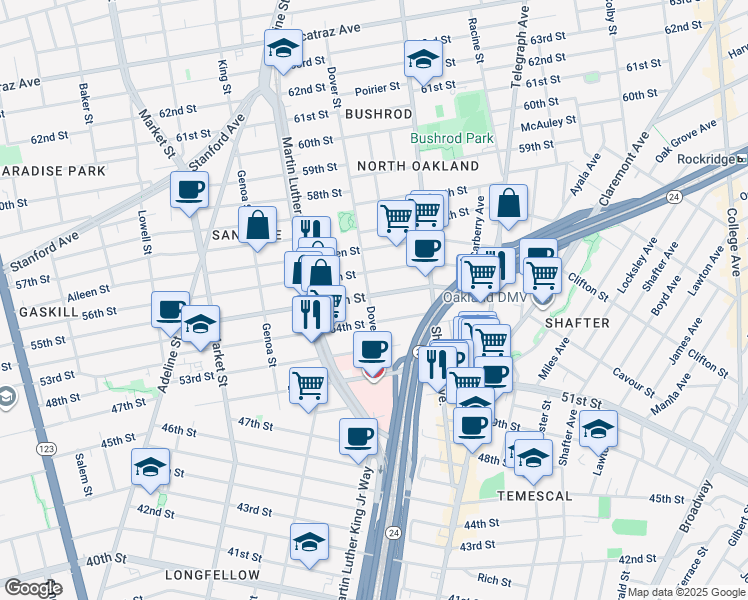 map of restaurants, bars, coffee shops, grocery stores, and more near 660 55th Street in Oakland