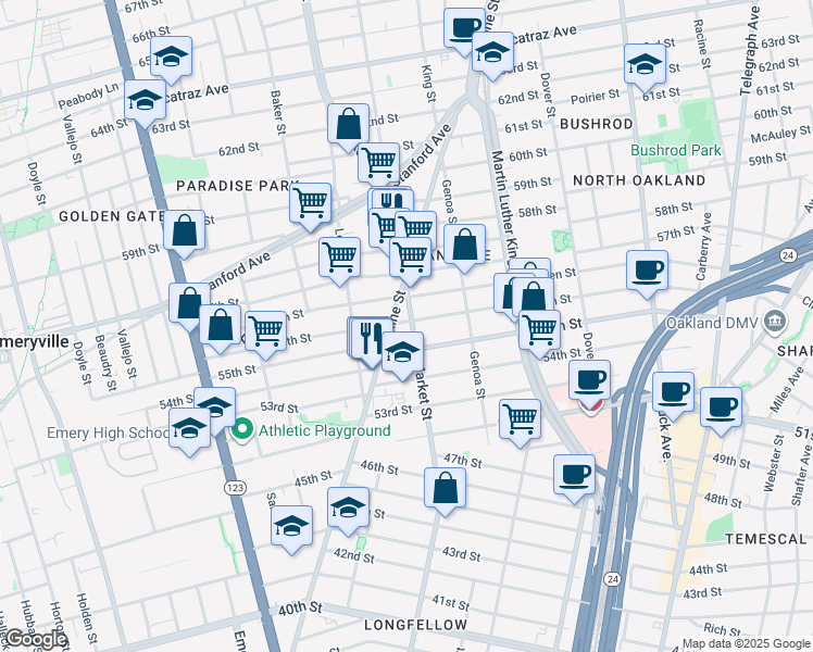 map of restaurants, bars, coffee shops, grocery stores, and more near 5618 Market Street in Oakland