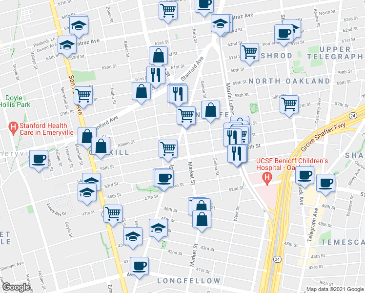 map of restaurants, bars, coffee shops, grocery stores, and more near 5618 Market Street in Oakland