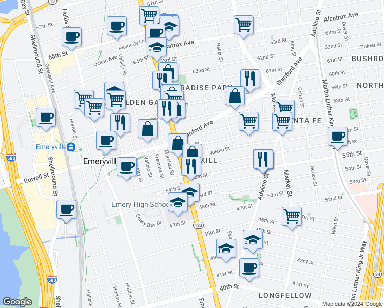 map of restaurants, bars, coffee shops, grocery stores, and more near 1073 57th Street in Oakland