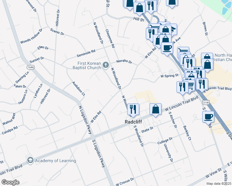 map of restaurants, bars, coffee shops, grocery stores, and more near in Radcliff