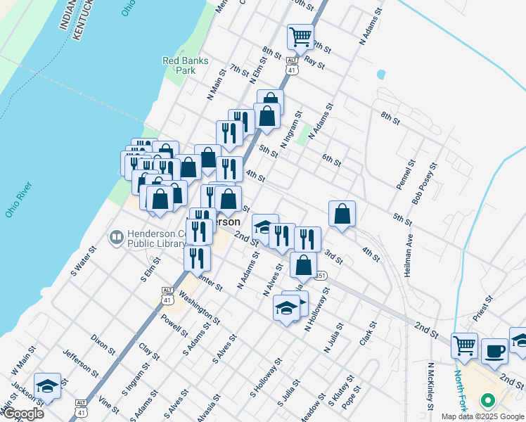 map of restaurants, bars, coffee shops, grocery stores, and more near 301-333 North Adams Street in Henderson