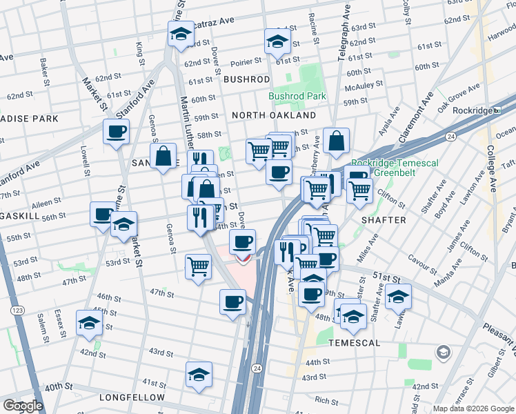 map of restaurants, bars, coffee shops, grocery stores, and more near 653 55th Street in Oakland