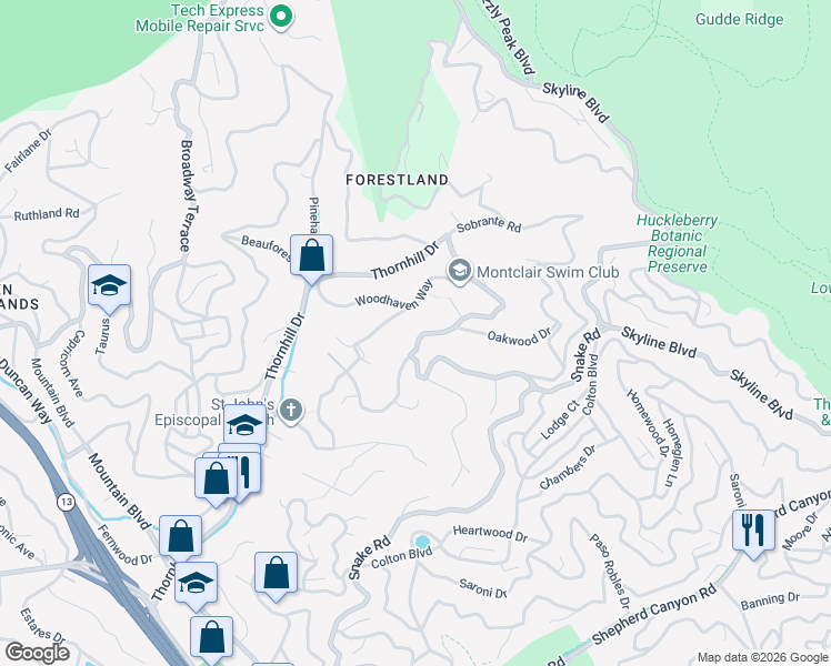 map of restaurants, bars, coffee shops, grocery stores, and more near 6866 Thornhill Drive in Oakland