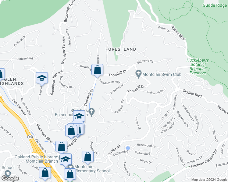 map of restaurants, bars, coffee shops, grocery stores, and more near 1747 Indian Way in Oakland