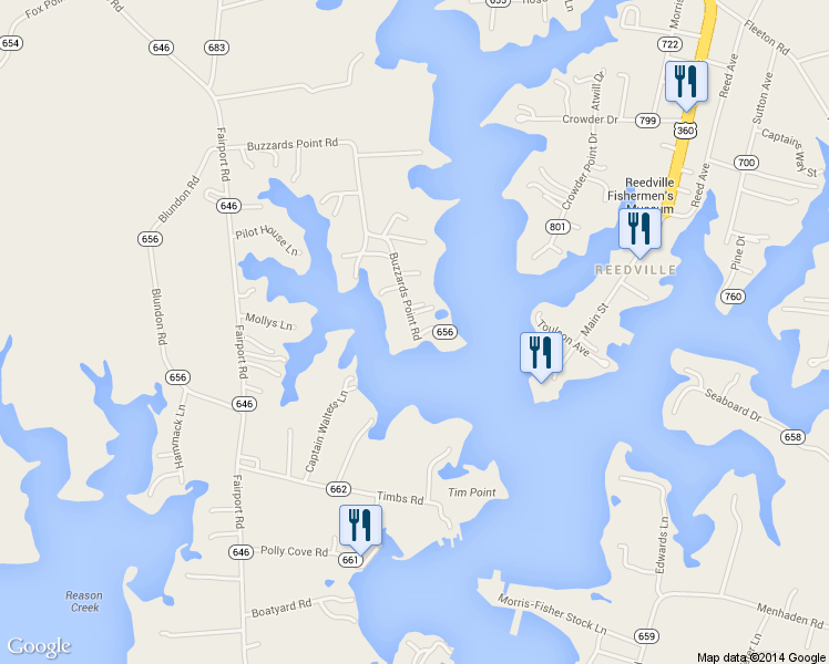 map of restaurants, bars, coffee shops, grocery stores, and more near 678 Buzzards Point Road in Reedville