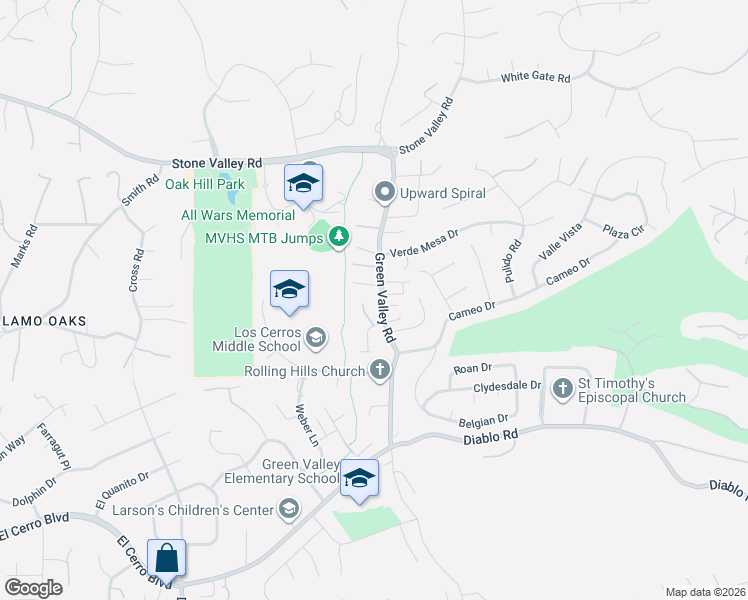 map of restaurants, bars, coffee shops, grocery stores, and more near 1651 Green Valley Road in Danville